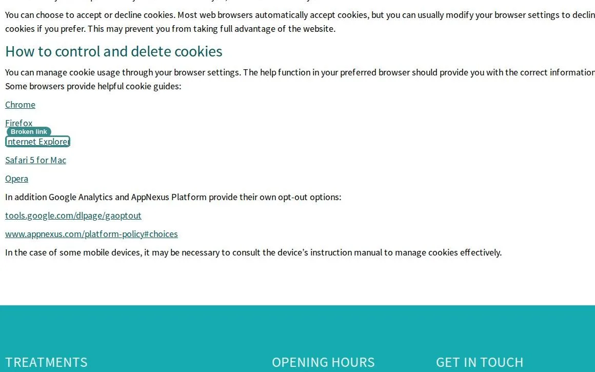Screenshot of a list of browser links on a cookie policy page, one entry outlined in teal with a small teal Broken link label.