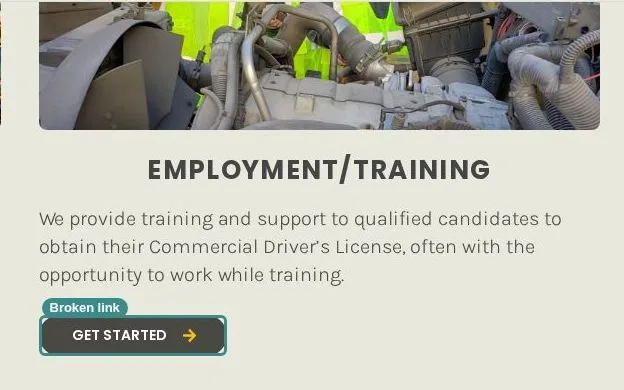Screenshot of an employment and training block whose Get Started button is outlined in teal and carries a small teal Broken link label.