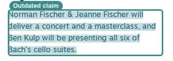 Screenshot of a news paragraph outlined in teal, under a small teal Outdated claim label, describing a past event in the future tense.