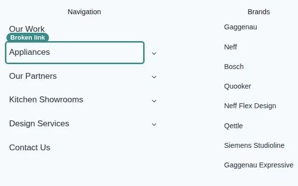 Screenshot of a website footer navigation column with one entry outlined in teal and a small teal Broken link label above it.