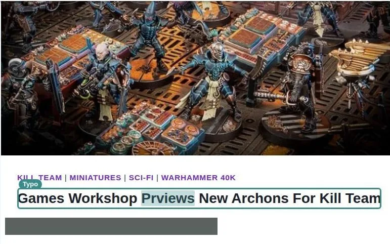 Screenshot of an article headline outlined in teal, under a small teal Typo label, with the misspelt word highlighted.