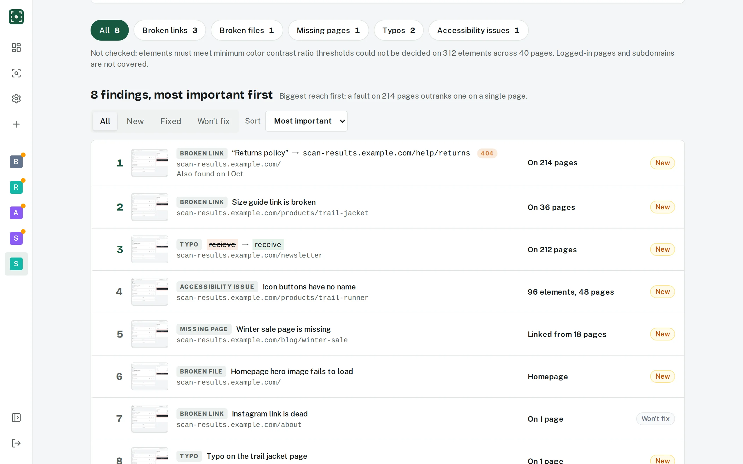 A WebMend scan results page listing broken links, a missing image and an accessibility issue, each with the number of pages it affects.